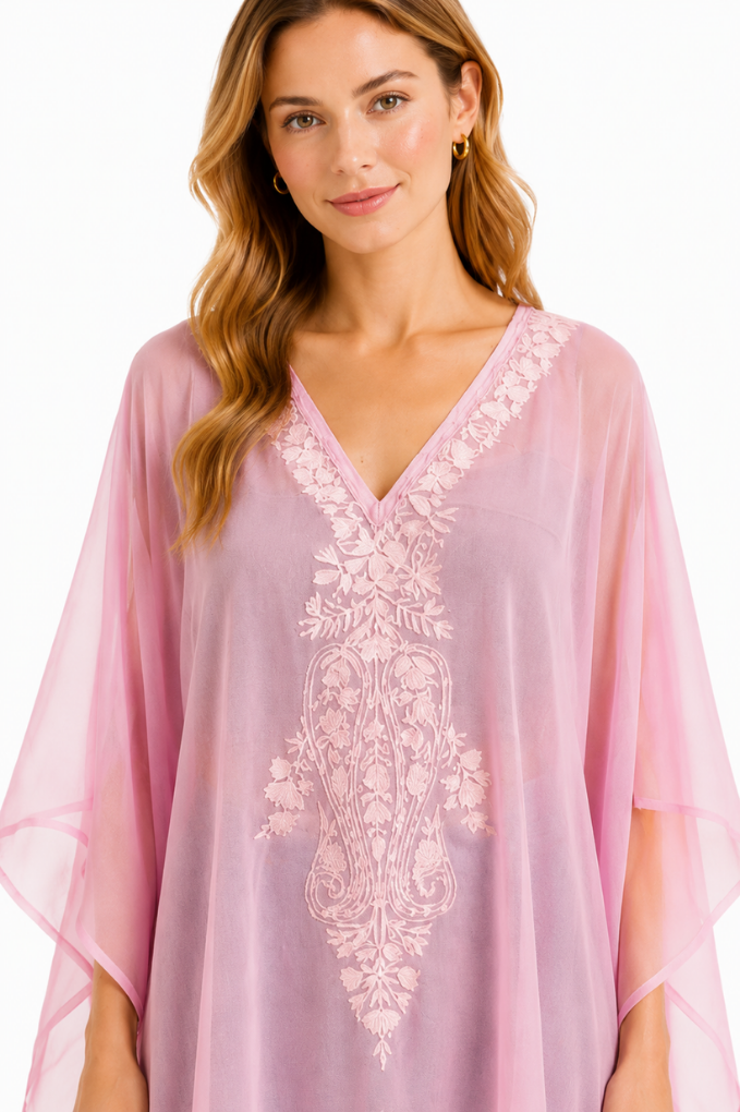 Blush Pink Floral Embroidered Short Kaftaan with V-Neck Detailing
